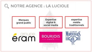 NOTRE AGENCE : LA LUCIOLE
expertise
média
traditionnels
Expertise
digital &
social media
Marques
grand public
 