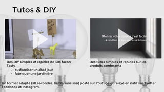 Tutos & DIY
Des DIY simples et rapides de 30s façon
Tasty
- customiser un abat jour
- fabriquer une jardinière
Des tutos simples et rapides sur les
produits conforama
Un format adapté (30 secondes, lisible sans son) posté sur Youtube et relayé en natif sur Twitter
Facebook et Instagram.
 