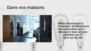 Dans vos maisons
Minis reportages à
l’intérieur d’habitations
de particuliers pour
découvrir leur univers
- 2min30s sur YT
- 1min sur les RS
 