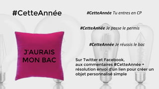 #CetteAnnée
#CetteAnnée Je passe le permis
#CetteAnnée Tu entres en CP
#CetteAnnée Je réussis le bac
J’AURAIS
MON BAC Sur Twitter et Facebook,
aux commentaires #CetteAnnée +
résolution envoi d’un lien pour créer un
objet personnalisé simple
 