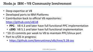 © 2016 IBM Corporation 20
• Deep expertise at V8
• Developed ports to IBM Platforms
• Contribution back to official V8 repositories:
https://github.com/v8/v8
• PPC: V8 4.3 and later have full functional PPC implementation
• s390: V8 5.1 and later have full functional implementation
• ~10-15 commits per week to V8 to maintain PPC/zlinux port
• Port to z/OS in progress:
• https://github.com/ibmruntimes/v8z/tree/3.28-zos
Node.js IBM – V8 Community Involvement
 