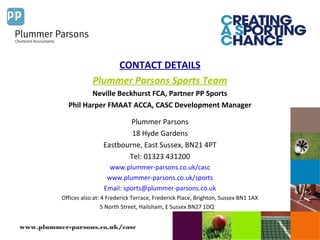 www.plummer-parsons.co.uk/casc
CONTACT DETAILS
Plummer Parsons Sports Team
Neville Beckhurst FCA, Partner PP Sports
Phil Harper FMAAT ACCA, CASC Development Manager
Plummer Parsons
18 Hyde Gardens
Eastbourne, East Sussex, BN21 4PT
Tel: 01323 431200
www.plummer-parsons.co.uk/casc
www.plummer-parsons.co.uk/sports
Email: sports@plummer-parsons.co.uk
Offices also at: 4 Frederick Terrace, Frederick Place, Brighton, Sussex BN1 1AX
5 North Street, Hailsham, E Sussex BN27 1DQ
 