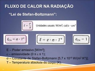 19
FLUXO DE CALOR NA RADIAÇÃO
“Lei de Stefan-Boltzmann”:
E – Poder emissivo [W/m2];
 – emissividade (0 ≤  ≤ 1);
σ – Constante de Stefan-Boltzmann [5,7 x 10-8 W/(m2 K4)];
T – Temperatura absoluta do corpo (K).
 