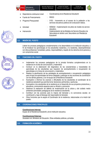 22
Unidad de Gestión
Educativa Local Bagua
Dirección Regional de
Educación Amazonas
Comité de
Contratación CAS
• Dependencia Jerárquica Lineal : Coordinador(a) de la Residencia Estudiantil
• Fuente de Financiamiento : RROO
• Programa Presupuestal : 0150 - Incremento en el acceso de la población a los
servicios educativos públicos de la educación básica.
• Actividad : 5006242 - Implementación de piloto de modelo de servicio
educativo.
• Intervención : Implementación de los Modelos de Servicio Educativo de
Secundaria en ámbito rural: Secundaria con Residencia
Estudiantil
5.2. MISIÓN DEL PUESTO
Liderar los procesos pedagógicos complementarios a los desarrollados en la institución educativa, a
fin de fortalecer los aprendizajes en los estudiantes residentes y no residentes, desempeñándose
con ética profesional, honestidad, justicia, responsabilidad y respeto de los derechos de la persona y
con compromiso social.
5.3. FUNCIONES DEL PUESTO
• Implementar los procesos pedagógicos de la jornada formativa complementaria en la
residencia en el área de comunicación y matemática
• Conducir en la elaboración del diagnóstico de las características y necesidades de
aprendizaje de los estudiantes que requieren de acompañamiento o recuperación de
aprendizajes en el área de comunicación y matemática
• Realizar la planificación de las estrategias de acompañamiento o recuperación pedagógica
para el logro de aprendizajes de forma colegiada y participar en las reuniones de coordinación
con los demás gestores y con el equipo de la Residencia Estudiantil.
• Acompañar e informar los avances o dificultades de los estudiantes al coordinador de la
residencia estudiantil que permita tomar decisiones pertinentes y oportunas.
• Acompañar a los estudiantes de la residencia en el desarrollo de sus proyectos productivos y
educativos, promoviendo espacios para su difusión y promoción.
• Gestionar la realización de talleres de revalorización de la cultura y del cuidado medio
ambiental (actividades pedagógicas de la residencia estudiantil)
• Contribuir con las acciones para la mejora del bienestar y la convivencia escolar, en
coordinación y bajo el liderazgo del responsable de bienestar.
• Otras funciones que le asigne el Coordinador de la residencia, relacionadas a la misión del
puesto.
5.4. COORDINACIONES PRINCIPALES
Coordinaciones Internas:
Equipo de la Residencia Estudiantil y de la Institución educativa.
Coordinaciones Externas:
Sociedad civil. Ministerio de Educación. Otras entidades públicas y privadas.
5.5. FORMACIÓN ACADÉMICA
 