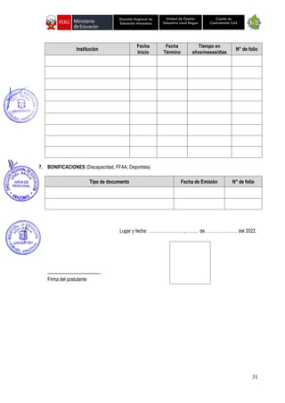 31
Unidad de Gestión
Educativa Local Bagua
Dirección Regional de
Educación Amazonas
Comité de
Contratación CAS
Institución
Fecha
Inicio
Fecha
Término
Tiempo en
años/meses/dias
N° de folio
7. BONIFICACIONES (Discapacidad, FFAA, Deportista)
Tipo de documento Fecha de Emisión N° de folio
Lugar y fecha: ……………….……,…….., de……………….…. del 2022.
-------------------------------------
Firma del postulante
 