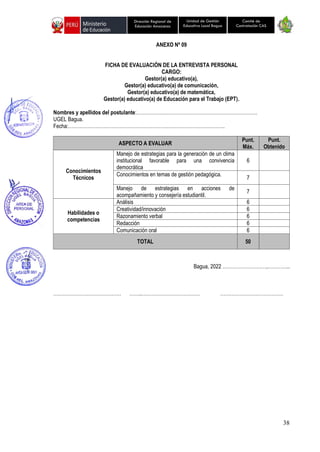 38
Unidad de Gestión
Educativa Local Bagua
Dirección Regional de
Educación Amazonas
Comité de
Contratación CAS
ANEXO Nº 09
FICHA DE EVALUACIÓN DE LA ENTREVISTA PERSONAL
CARGO:
Gestor(a) educativo(a),
Gestor(a) educativo(a) de comunicación,
Gestor(a) educativo(a) de matemática,
Gestor(a) educativo(a) de Educación para el Trabajo (EPT).
Nombres y apellidos del postulante:…………………………………………………………………
UGEL Bagua.
Fecha:…………………………………………………………………………………….
ASPECTO A EVALUAR
Punt.
Máx.
Punt.
Obtenido
Conocimientos
Técnicos
Manejo de estrategias para la generación de un clima
institucional favorable para una convivencia
democrática
6
Conocimientos en temas de gestión pedagógica.
7
Manejo de estrategias en acciones de
acompañamiento y consejería estudiantil.
7
Habilidades o
competencias
Análisis 6
Creatividad/innovación 6
Razonamiento verbal 6
Redacción 6
Comunicación oral 6
TOTAL 50
Bagua, 2022 ………………………,…………..
…………………………………… ……..……………………………… …………………………………
 