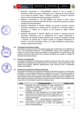 6
Unidad de Gestión
Educativa Local Bagua
Dirección Regional de
Educación Amazonas
Comité de
Contratación CAS
• Resolución Viceministerial N° 157-2020-MINEDU, mediante la cual se aprueba el
documento normativo denominado “Orientaciones para el desarrollo del servicio educativo
en los Centros de Educación Técnico - Productiva e Institutos y Escuelas de Educación
Superior, durante la Emergencia Sanitaria causada por el COVID-19".
• Resolución Viceministerial N° 273- 2020- MINEDU, que aprueba la Norma Técnica
“Orientaciones para el desarrollo del Año Escolar 2021 en Instituciones Educativas y Programas
Educativos de la Educación Básica”.
• Resolución Viceministerial N° 005-2021- MINEDU, que aprueba el documento normativo
denominado “Estrategia para el fortalecimiento de la gestión de la convivencia escolar, la
prevención y la atención de la violencia en las instancias de gestión educativa
descentralizada”.
• Resolución Viceministerial N° 009-2021- MINEDU, que aprueba el documento normativo
denominado “Disposiciones para el fortalecimiento de la gestión administrativa e
institucional en las Unidades de Gestión Educativa Local, a través de la contratación, prórroga
o renovación de personal bajo el régimen especial de Contratación Administrativa de
Servicios”. Las normas mencionadas incluyen sus normas modificatorias, complementarias,
conexas o aquellas que las sustituyan
1.6. Licenciados de las fuerzas armadas.
Se bonificará con el diez por ciento (10%) sobre el puntaje total, de conformidad con lo establecido en
el Art. 4 de la Resolución Ejecutiva N° 61-2012-SERVIR/PE, siempre que el postulante lo haya
indicado en su ficha curricular o carta de presentación, y haya adjuntado en su Curriculum Vitae, copia
simple del documento oficial emitido por la autoridad competente que acredite su condición de
licenciado de las fuerzas armadas.
1.7. Personas con discapacidad.
Se otorgará la bonificación por discapacidad, equivalente al quince por ciento (15%) sobre el puntaje
total obtenido, al postulante que lo haya indicado en su ficha curricular o carta de presentación y que
acredite dicha condición, adjuntando obligatoriamente, copia simple del carnet de discapacidad
emitido por el CONADIS.
1.8. Bonificación por Deportista Calificado de Alto Nivel:
Se otorgará la bonificación por ser Deportista Calificados de Alto Nivel de acuerdo a la vigencia de la
acreditación y a los porcentajes establecidos en el reglamento de la Ley Nº 27674 sobre el puntaje de
la evaluación curricular, siempre y cuando haya aprobado la evaluación, a los/las postulantes que
hayan indicado al momento de postulación dicha condición, debiendo además ser acreditado con la
copia simple del documento oficial emitido por Instituto Peruano del Deporte. Dicha bonificación será
de acuerdo con el nivel obtenido y descrito en el siguiente cuadro:
NIVEL CONSIDERACIONES BONIFICACIÓN
Nivel 1
Deportistas que hayan participado en Juegos Olímpicos y/o
Campeonatos Mundiales y se ubiquen en los cinco primeros
puestos, o hayan establecido récord o marcas olímpicas
mundiales y panamericanas.
20%
Nivel 2
Deportistas que hayan participado en los Juegos Deportivos
Panamericanos y/o Campeonatos Federados Panamericanos y se
ubiquen en los tres primeros lugares o que establezcan récord o
marcas sudamericanas.
16%
Nivel 3
Deportistas que hayan participado en Juegos Deportivos
Sudamericanos y/o Campeonatos Federados Sudamericanos y
hayan obtenido medallas de oro y/o plata o que establezcan
récord o marcas bolivarianas.
12%
 