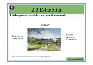2.2 E-Habitat 
Objectif : Le maintient à domicile des personnes le plus 
longtemps possible grâce aux nouvelles technologi...