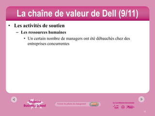 La chaîne de valeur de Dell (9/11)
• Les activités de soutien
   – Les ressources humaines
      • Un certain nombre de managers ont été débauchés chez des
        entreprises concurrentes




                                                                   12
 
