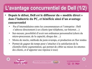 L’avantage concurrentiel de Dell (1/2)
• Depuis le début, Dell est le diffuseur du « modèle direct »
  dans l’industrie du PC, et bénéficie ainsi d’un avantage
  concurrentiel
   • Pas d’intermédiaires entre les consommateurs et l’entreprise : Dell
     s’adresse directement à ses clients (par téléphone, sur Internet…)
   • Sur-mesure, possibilité d’avoir son ordinateur personnalisé (choix du
     micro-processeur, de la capacité, disque dur…)
   • Moins de stocks, méthode du juste-à-temps, et production en flux tendus
   • Permet de gagner du temps pour s’attacher à la satisfaction de la
     clientèle (forte segmentation, qui permet de cibler au mieux les attentes
     des clients, et d’apporter une réponse à tous)




                                                                            17
 