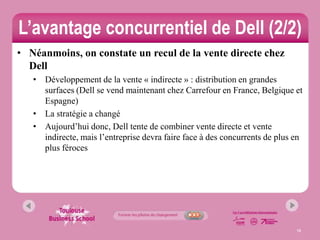 L’avantage concurrentiel de Dell (2/2)
• Néanmoins, on constate un recul de la vente directe chez
  Dell
   • Développement de la vente « indirecte » : distribution en grandes
     surfaces (Dell se vend maintenant chez Carrefour en France, Belgique et
     Espagne)
   • La stratégie a changé
   • Aujourd’hui donc, Dell tente de combiner vente directe et vente
     indirecte, mais l’entreprise devra faire face à des concurrents de plus en
     plus féroces




                                                                             18
 