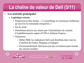 La chaîne de valeur de Dell (3/11)
• Les activités principales
   – Logistique externe
      • Production en flux tendus : « L’assemblage ne commence réellement
        qu’une fois la commande enregistrée. »
      • Pas de stock
      • Distribution directe aux clients par l’intermédiaire de contrats
        d’expédition passés auprès d’UPS et Airborne Express
      • Néanmoins :
          – Début 2008, les ordinateurs Dell sont distribués dans tous les
             Carrefour de France, Belgique et Espagne
          – Occasionnellement, Dell passe par des revendeurs pour écouler
             des anciens modèles



                                                                         6
 