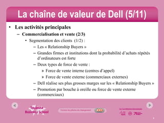 La chaîne de valeur de Dell (5/11)
• Les activités principales
   – Commercialisation et vente (2/3)
       • Segmentation des clients (1/2) :
           – Les « Relationship Buyers »
           – Grandes firmes et institutions dont la probabilité d’achats répétés
             d’ordinateurs est forte
           – Deux types de force de vente :
               » Force de vente interne (centres d’appel)
               » Force de vente externe (commerciaux externes)
           – Dell réalise ses plus grosses marges sur les « Relationship Buyers »
           – Promotion par bouche à oreille ou force de vente externe
             (commerciaux)




                                                                                8
 