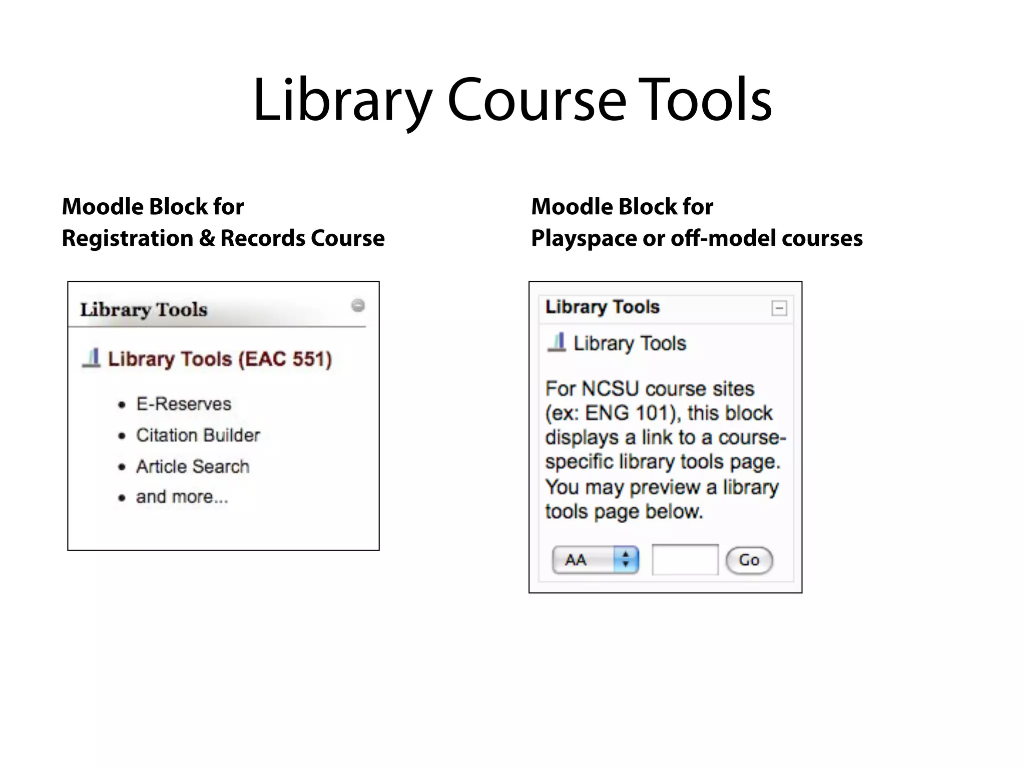 Library Course Tools
Moodle Block for                Moodle Block for
Registration & Records Course   Playspace or oﬀ-model courses
 