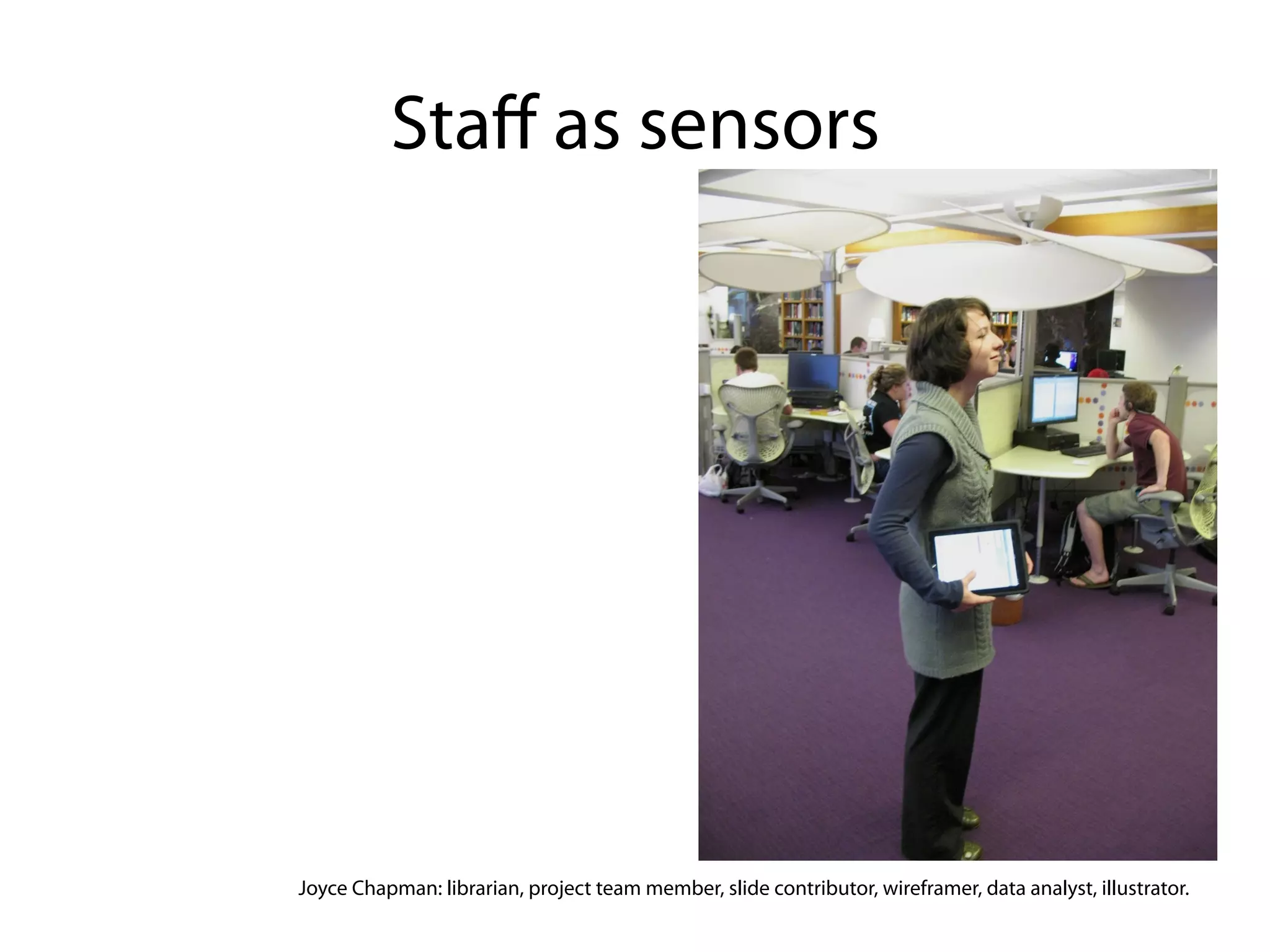 Staﬀ as sensors




Joyce Chapman: librarian, project team member, slide contributor, wireframer, data analyst, illustrator.
 