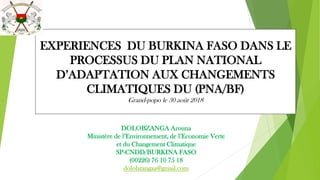 EXPERIENCES DU BURKINA FASO DANS LE
PROCESSUS DU PLAN NATIONAL
D’ADAPTATION AUX CHANGEMENTS
CLIMATIQUES DU (PNA/BF)
Grand-popo le 30 août 2018
DOLOBZANGA Arouna
Ministère de l’Environnement, de l’Economie Verte
et du Changement Climatique
SP-CNDD/BURKINA FASO
(00226) 76 10 75 18
dolobzangaa@gmail.com
 