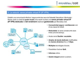 3. La solució: xarxa privada virtual IP (IP VPN) 
Establir una comunicació efectiva i segura entre les seus de Sabadell, Barcelona i Montcada i 
Reixac (amb un total de quatre locals) s'ha resolt muntant una xarxa privada virtual IP 
(IP VPN) dedicada i d'alt rendiment totalment gestionada per Microblau Colt. 
• Connectivitat segura i confidencial a tot 
el seu equip de treball. 
• Redundada: la xarxa compte amb dues 
línies (una de backup). 
• Accés remot flexible i escalable. 
• Amples de banda dedicats modificables 
de manera dinàmica fins a 1 Gbps. 
• Múltiples tecnologies d’accés. 
• Possibilitar d’activar QoS. 
• Informes online. 
• Gestió integral extrem a extrem. 
 