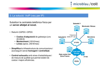 3. La solució: VoIP (veu per IP) 
Substituir la centraleta telefònica física per 
un servei allotjat al núvol. 
• Reduïm CAPEX i OPEX: 
• Costos d’adquisició de gateways (uns 
20.000 €) 
• Manteniment (100 €/mes) 
• Línies (aprox. 250 €/mes) 
• Simplifica la infraestructura de comunicacions i 
aconseguim servei homogeni i centralitzat. 
• Control exhaustiu amb eines d’estadístiques i 
de mesura de qualitat que permet estalvi de 
costos i majors eficiències. 
Sabadell 1 
Barcelona 
IP PBX 
Trànsit de 
dades IP i veu 
IP VPN 
Colt VoIP 
Access 
PSTN 
Sabadell 2 
Montcada i Reixac 
Data center Colt 
Zona Franca 
 