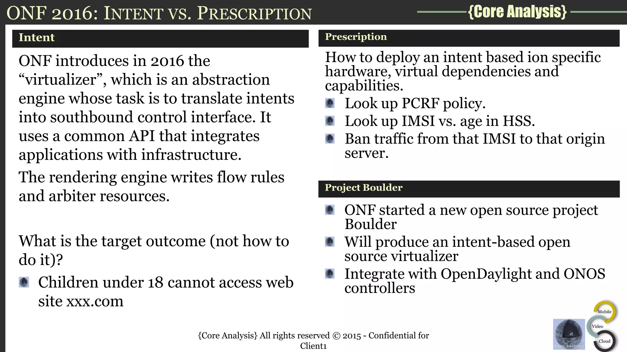 {Core Analysis}
Mobile
Video
Cloud
ONF 2016: INTENT VS. PRESCRIPTION
Intent
ONF introduces in 2016 the
“virtualizer”, which is an abstraction
engine whose task is to translate intents
into southbound control interface. It
uses a common API that integrates
applications with infrastructure.
The rendering engine writes flow rules
and arbiter resources.
What is the target outcome (not how to
do it)?
Children under 18 cannot access web
site xxx.com
Prescription
How to deploy an intent based ion specific
hardware, virtual dependencies and
capabilities.
Look up PCRF policy.
Look up IMSI vs. age in HSS.
Ban traffic from that IMSI to that origin
server.
Project Boulder
ONF started a new open source project
Boulder
Will produce an intent-based open
source virtualizer
Integrate with OpenDaylight and ONOS
controllers
{Core Analysis} All rights reserved © 2015 - Confidential for
Client1
 