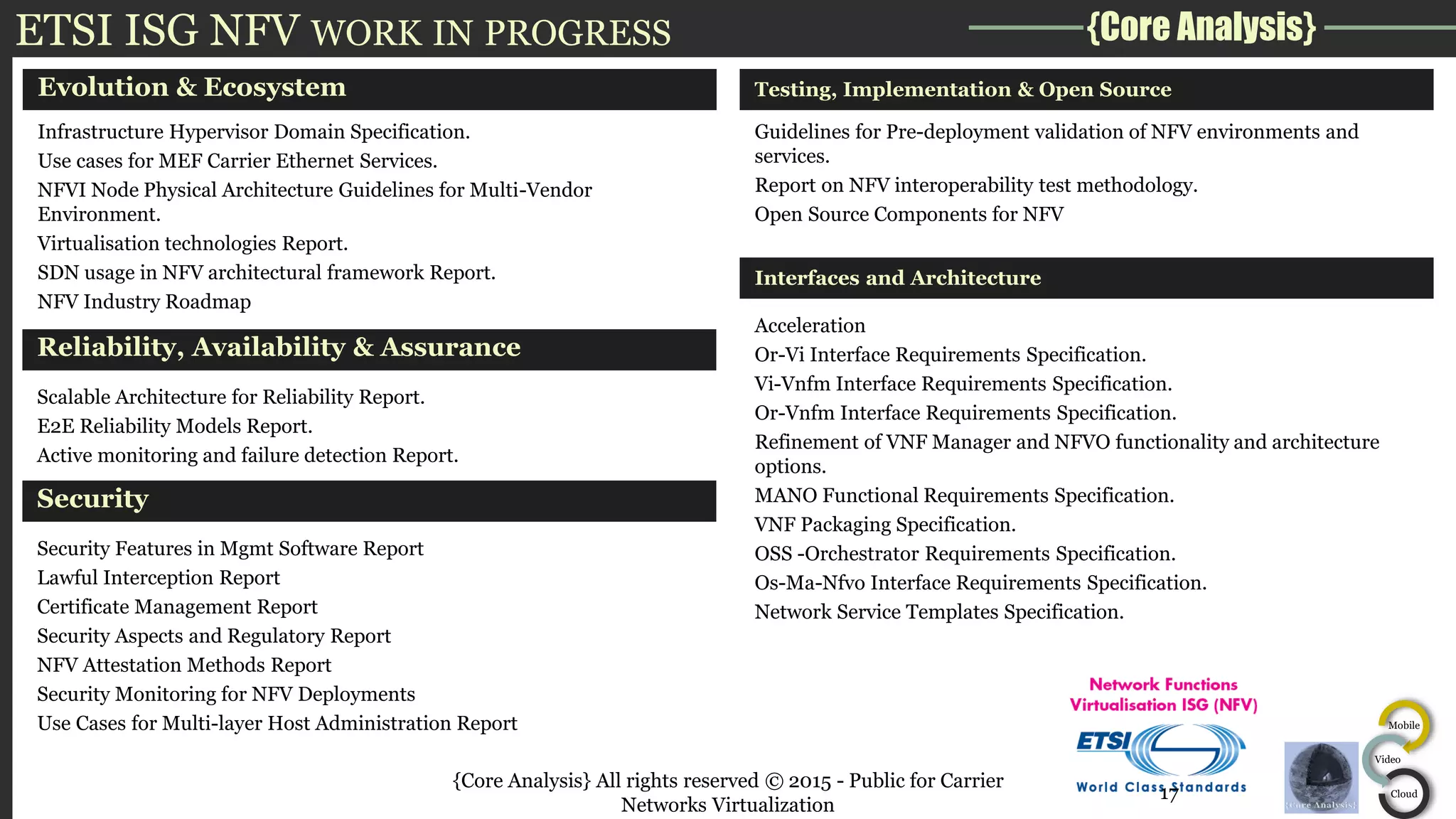 {Core Analysis}
Mobile
Video
Cloud
ETSI ISG NFV WORK IN PROGRESS
Evolution & Ecosystem
Infrastructure Hypervisor Domain Specification.
Use cases for MEF Carrier Ethernet Services.
NFVI Node Physical Architecture Guidelines for Multi-Vendor
Environment.
Virtualisation technologies Report.
SDN usage in NFV architectural framework Report.
NFV Industry Roadmap
Reliability, Availability & Assurance
Scalable Architecture for Reliability Report.
E2E Reliability Models Report.
Active monitoring and failure detection Report.
Testing, Implementation & Open Source
Guidelines for Pre-deployment validation of NFV environments and
services.
Report on NFV interoperability test methodology.
Open Source Components for NFV
Interfaces and Architecture
Acceleration
Or-Vi Interface Requirements Specification.
Vi-Vnfm Interface Requirements Specification.
Or-Vnfm Interface Requirements Specification.
Refinement of VNF Manager and NFVO functionality and architecture
options.
MANO Functional Requirements Specification.
VNF Packaging Specification.
OSS -Orchestrator Requirements Specification.
Os-Ma-Nfvo Interface Requirements Specification.
Network Service Templates Specification.
{Core Analysis} All rights reserved © 2015 - Public for Carrier
Networks Virtualization
Security
Security Features in Mgmt Software Report
Lawful Interception Report
Certificate Management Report
Security Aspects and Regulatory Report
NFV Attestation Methods Report
Security Monitoring for NFV Deployments
Use Cases for Multi-layer Host Administration Report
17
 