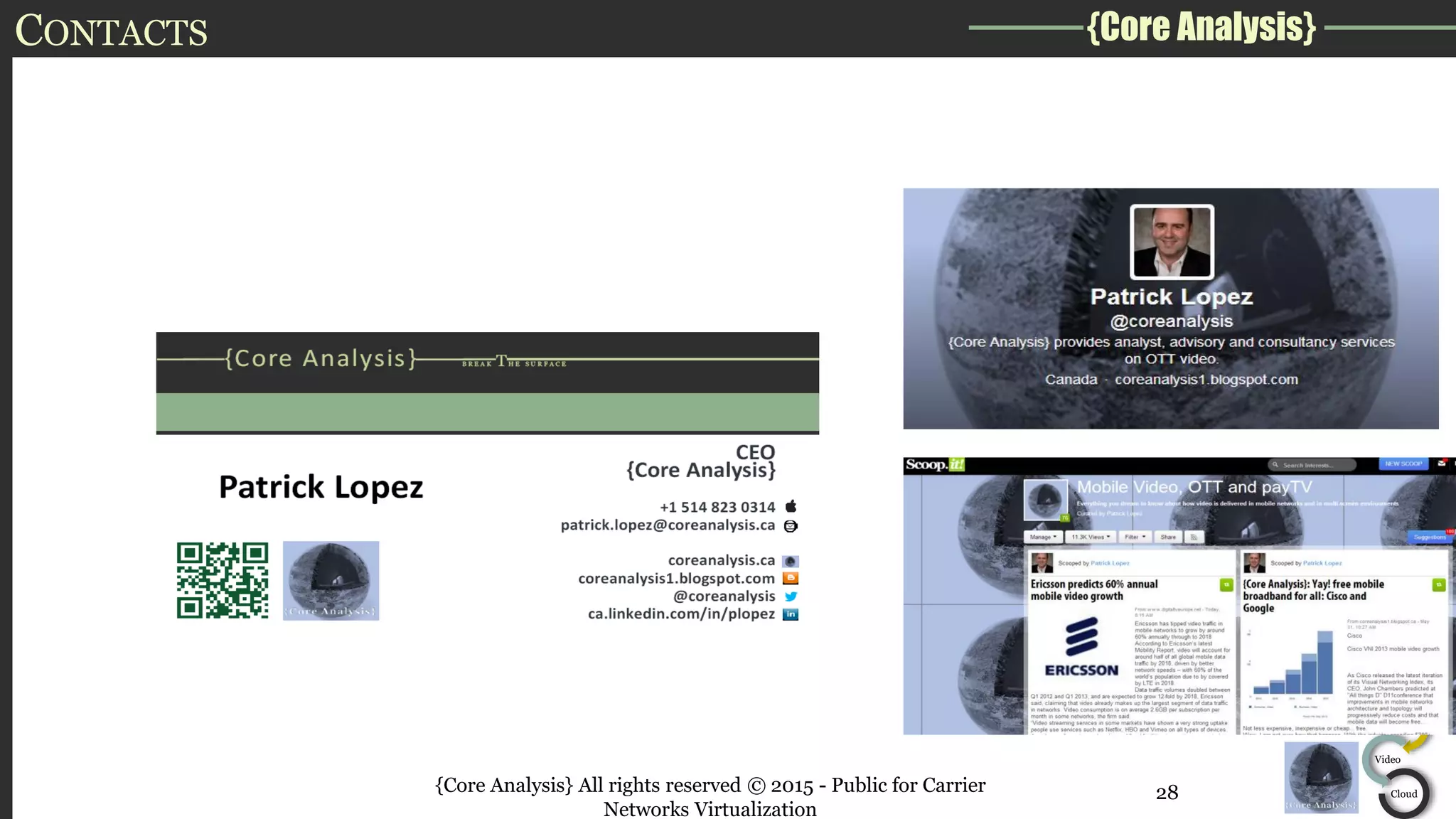 {Core Analysis}
Mobile
Video
Cloud
CONTACTS
{Core Analysis} All rights reserved © 2015 - Public for Carrier
Networks Virtualization
28
 