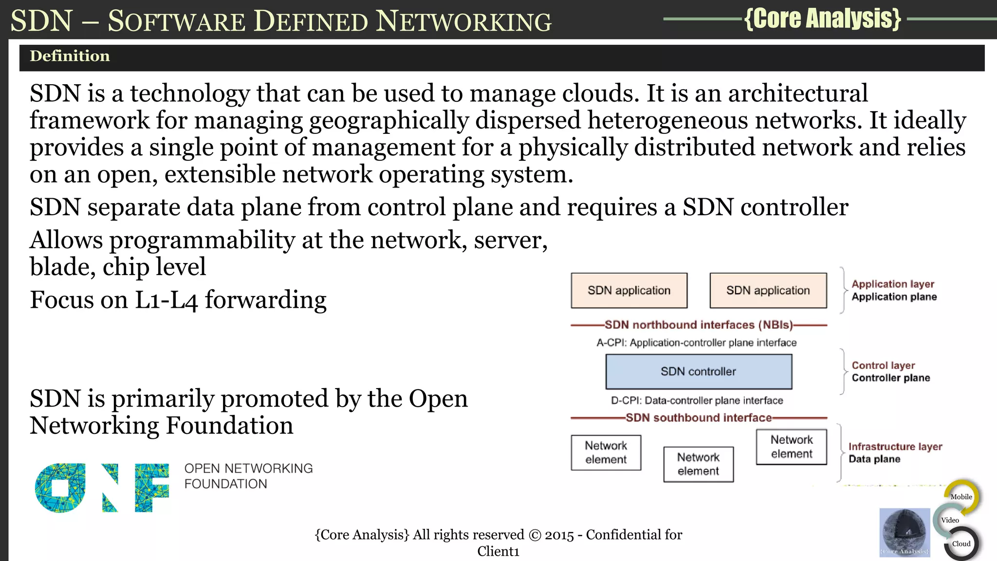 {Core Analysis}
Mobile
Video
Cloud
SDN – SOFTWARE DEFINED NETWORKING
Definition
SDN is a technology that can be used to manage clouds. It is an architectural
framework for managing geographically dispersed heterogeneous networks. It ideally
provides a single point of management for a physically distributed network and relies
on an open, extensible network operating system.
SDN separate data plane from control plane and requires a SDN controller
Allows programmability at the network, server,
blade, chip level
Focus on L1-L4 forwarding
SDN is primarily promoted by the Open
Networking Foundation
{Core Analysis} All rights reserved © 2015 - Confidential for
Client1
 