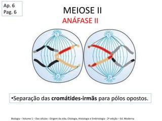 MEIOSE II
ANÁFASE II
•Separação das cromátides-irmãs para pólos opostos.
Biologia – Volume 1 – Das células - Origem da vida, Citologia, Histologia e Embriologia - 2ª edição – Ed. Moderna
Ap. 6
Pag. 6
 