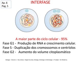 INTERFASE
A maior parte do ciclo celular - 95%
Fase G1 - Produção de RNA e crescimento celular.
Fase S - Duplicação dos cromossomos e centríolos
Fase G2 - Aumento do volume citoplasmático
Biologia – Volume 1 – Das células - Origem da vida, Citologia, Histologia e Embriologia - 2ª edição – Ed. Moderna
Ap. 6
Pag. 5
 