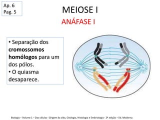 MEIOSE I
Biologia – Volume 1 – Das células - Origem da vida, Citologia, Histologia e Embriologia - 2ª edição – Ed. Moderna
ANÁFASE I
• Separação dos
cromossomos
homólogos para um
dos pólos.
• O quiasma
desaparece.
Ap. 6
Pag. 5
 