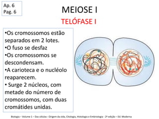 MEIOSE I
Biologia – Volume 1 – Das células - Origem da vida, Citologia, Histologia e Embriologia - 2ª edição – Ed. Moderna
TELÓFASE I
•Os cromossomos estão
separados em 2 lotes.
•O fuso se desfaz
•Os cromossomos se
descondensam.
•A carioteca e o nucléolo
reaparecem.
• Surge 2 núcleos, com
metade do número de
cromossomos, com duas
cromátides unidas.
Ap. 6
Pag. 6
 