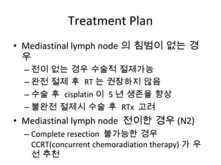 Treatment Plan Mediastinal lymph node 의 침범이 없는 경우 전이 없는 경우 수술적 절제가능 완전 절제 후  RT 는 권장하지 않음 수술 후  cisplatin 이  5 년 생존율 향상  불완전 절제시 수술 후  RTx  고려 Mediastinal lymph node   전이한 경우 (N2) Complete resection  불가능한 경우  CCRT(concurrent chemoradiation therapy) 가 우선 추천  