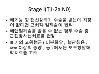 Stage I(T1-2a N0) 폐기능 및 전신상태가 수술을 받는데 지장이 없다면 근치적 절제술이 원칙 폐엽절제술을 받을 수 없는 경우 수술 중 근접방사선치료를 권장 IB 기의 고위험군 ( 미분화암 ,  혈관침윤 , 4cm 이상의 종양 ,  등 ) 에서는 보조항암화학치료를 고려 