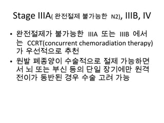 Stage IIIA ( 완전절제 불가능한  N2) , IIIB, IV 완전절제가 불가능한  IIIA  또는  IIIB  에서는  CCRT(concurrent chemoradiation therapy) 가 우선적으로 추천 원발 폐종양이 수술적으로 절제 가능하면서 뇌 또는 부신 등의 단일 장기에만 원격전이가 동반된 경우 수술 고려 가능 