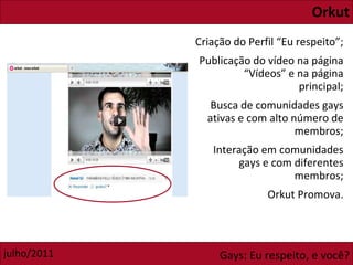 Orkut Criação do Perfil “Eu respeito”; Publicação do vídeo na página “Vídeos” e na página principal; Busca de comunidades gays ativas e com alto número de membros; Interação em comunidades gays e com diferentes membros; Orkut Promova. 