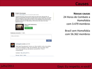 Nossas causas 24 Horas de Combate a Homofobia com 3.479 membros Brasil sem Homofobia com 56.362 membros Causes 