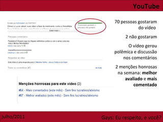 YouTube 70 pessoas gostaram do vídeo  2 não gostaram O vídeo gerou polêmica e discussão nos comentários 2 menções honrosas na semana:  melhor avaliado  e  mais comentado 