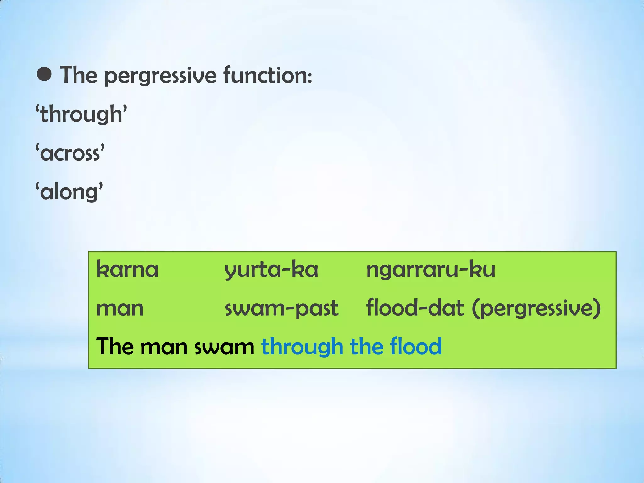  The pergressive function:
‘through’
‘across’
‘along’


      karna       yurta-ka    ngarraru-ku
      man         swam-past   flood-dat (pergressive)
      The man swam through the flood
 