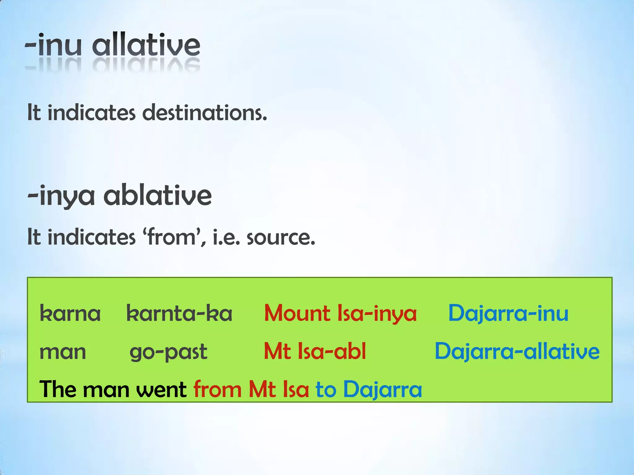 It indicates destinations.


-inya ablative
It indicates ‘from’, i.e. source.


 karna     karnta-ka       Mount Isa-inya    Dajarra-inu
 man       go-past         Mt Isa-abl       Dajarra-allative
 The man went from Mt Isa to Dajarra
 