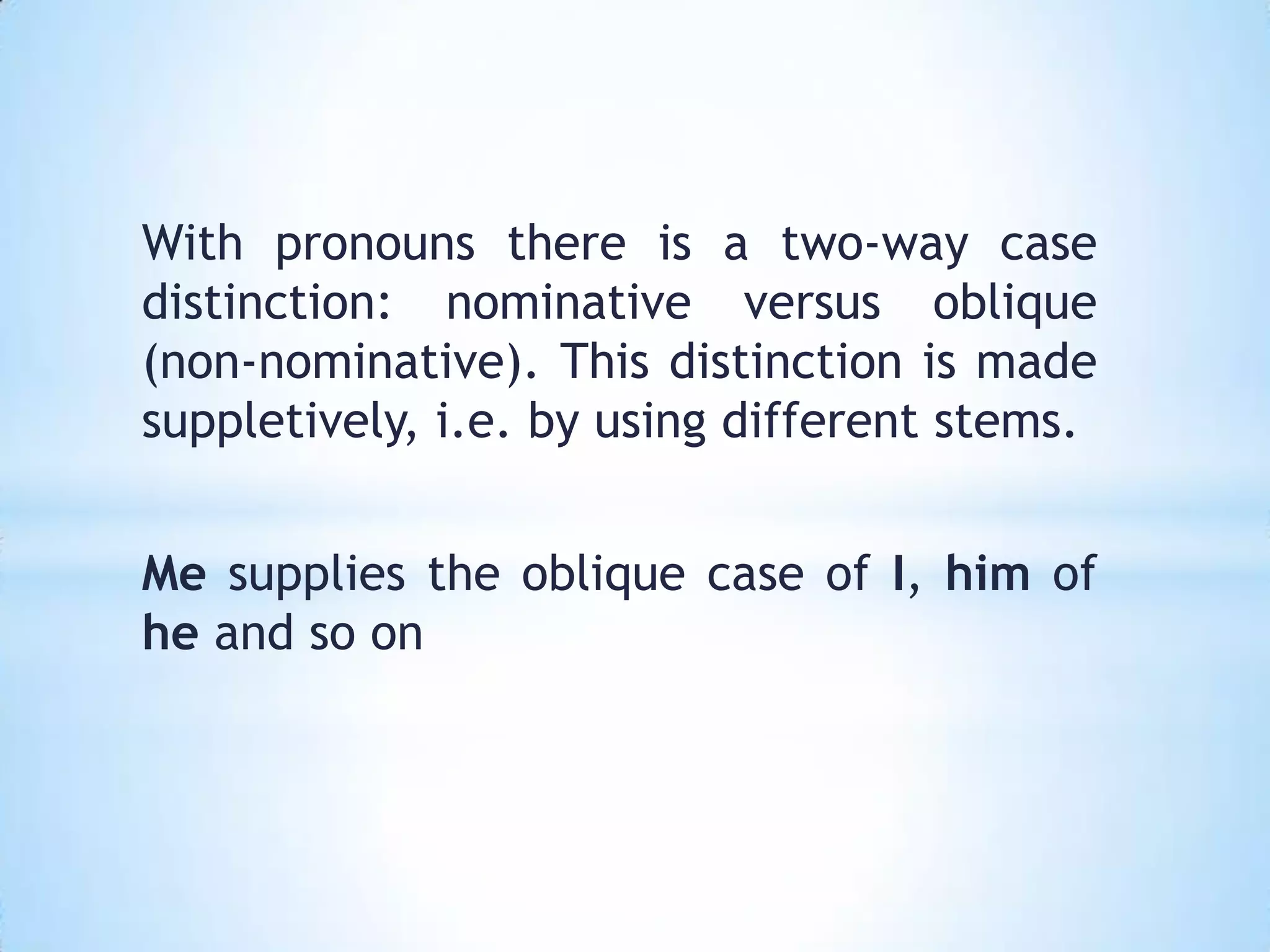 With pronouns there is a two-way case
distinction: nominative versus oblique
(non-nominative). This distinction is made
suppletively, i.e. by using different stems.


Me supplies the oblique case of I, him of
he and so on
 