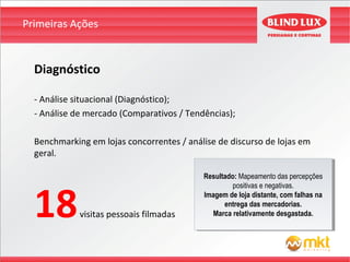 Primeiras Ações


  Diagnóstico

  - Análise situacional (Diagnóstico);
  - Análise de mercado (Comparativos / Tendências);

  Benchmarking em lojas concorrentes / análise de discurso de lojas em
  geral.

                                           Resultado: Mapeamento das percepções
                                            Resultado: Mapeamento das percepções



  18
                                                    positivas eenegativas.
                                                     positivas negativas.
                                           Imagem de loja distante, com falhas na
                                            Imagem de loja distante, com falhas na
                                                 entrega das mercadorias.
                                                  entrega das mercadorias.
             visitas pessoais filmadas        Marca relativamente desgastada.
                                               Marca relativamente desgastada.
 