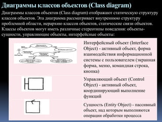 Диаграммы классов объектов (Class diagram)
Диаграммы классов объектов (Class diagram) отображают статическую структуру
классов объектов. Эта диаграмма рассматривает внутреннюю структуру
проблемной области, иерархию классов объектов, статические связи объектов.
Классы объектов могут иметь различные стереотипы поведения: объекты-
сущности, управляющие объекты, интерфейсные объекты:
Интерфейсный объект (Interface
Object) - активный объект, форма
взаимодействия информационной
системы с пользователем (экранная
форма, меню, командная строка,
кнопка)
Управляющий объект (Control
Object) - активный объект,
координирующий выполнение
функций
Сущность (Entity Object) - пассивный
объект, над которым выполняются
операции обработки процесса
 