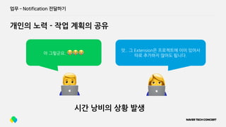 업무 ­ Notification 전달하기
개인의 노력 - 작업 계획의 공유
👨💻 👩💻
앱 전반에서 사용할 수 있는
Extension을 제작해보았습니다.
앗.. 그 Extension은 프로젝트에 이미 있어서
따로 추가하지 않아도 됩니다.
아 그렇군요. 😭😭😭
시간 낭비의 상황 발생
 