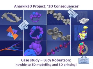 Anarkik3D Project: ‘3D Consequences’ 
Case study – Lucy Robertson: 
newbie to 3D modelling and 3D printing! 
Lucy’s 3rd 
model 
Lucy’s 1st 
model 
Lucy’s 2nd 
model 
 