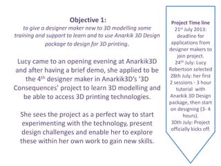 Objective 1:
to give a designer maker new to 3D modelling some
training and support to learn and to use Anarkik 3D Design
package to design for 3D printing.
Lucy came to an opening evening at Anarkik3D
and after having a brief demo, she applied to be
the 4th designer maker in Anarkik3Ds 3D
Consequences project to learn 3D modelling and
be able to access 3D printing technologies.
She sees the project as a perfect way to start
experimenting with the technology, present
design challenges and enable her to explore
these within her own work to gain new skills.
Project Time line
21st July 2013:
deadline for
applications from
designer makers to
join project.
24th July: Lucy
Robertson selected
28th July: her first
2 sessions - 3 hour
tutorial with
Anarkik 3D Design
package, then start
on designing (3- 4
hours).
30th July: Project
officially kicks off.
 