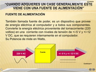 Inicio

“CUANDO ADQUIERES UN CASE GENERALMENTE ESTE
    VIENE CON UNA FUENTE DE ALIMENTACIÓN”
FUENTE DE ALIMENTACIÓN

También llamada fuente de poder, es un dispositivo que provee
de energía eléctrica al computador y a todos sus componentes.
Convierte la energía eléctrica proveniente del tomacorriente (220
voltios) en una corriente con niveles de tensión de +/-5 V y +/-12
V DC, que se requieren internamente en el computador.
Su Potencia de mide en Watts,



                          Fuente
        220 V AC                         +/- 5 V y +/- 12 V DC



                                                                 Continúa>>
 