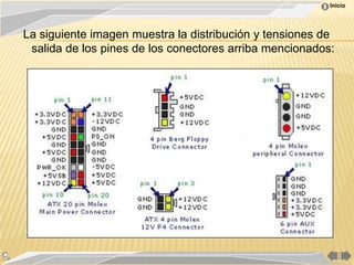 Inicio




La siguiente imagen muestra la distribución y tensiones de
 salida de los pines de los conectores arriba mencionados:
 