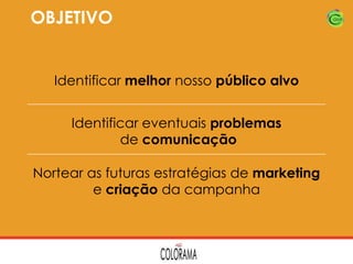 OBJETIVO

Identificar melhor nosso público alvo
Identificar eventuais problemas
de comunicação
Nortear as futuras estratégias de marketing
e criação da campanha

 