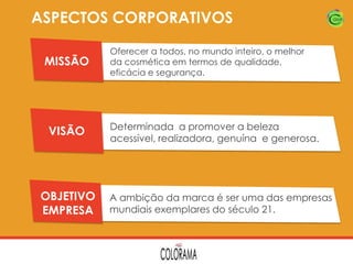 ASPECTOS CORPORATIVOS
MISSÃO

VISÃO

OBJETIVO
EMPRESA

Oferecer a todos, no mundo inteiro, o melhor
da cosmética em termos de qualidade,
eficácia e segurança.

Determinada a promover a beleza
acessível, realizadora, genuína e generosa.

A ambição da marca é ser uma das empresas
mundiais exemplares do século 21.

 