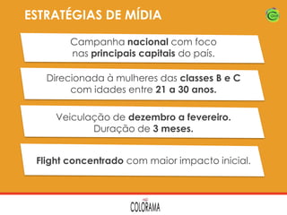 ESTRATÉGIAS DE MÍDIA
Campanha nacional com foco
nas principais capitais do país.
Direcionada à mulheres das classes B e C
com idades entre 21 a 30 anos.
Veiculação de dezembro a fevereiro.
Duração de 3 meses.
Flight concentrado com maior impacto inicial.

 