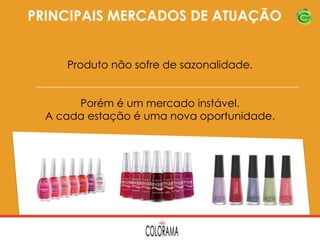 PRINCIPAIS MERCADOS DE ATUAÇÃO
Produto não sofre de sazonalidade.
Porém é um mercado instável.
A cada estação é uma nova oportunidade.

 